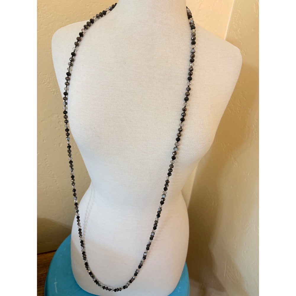 Black Grey Clear Faceted Glass Bead Hand Knotted Operaβ Length Necklace 60 Inch
